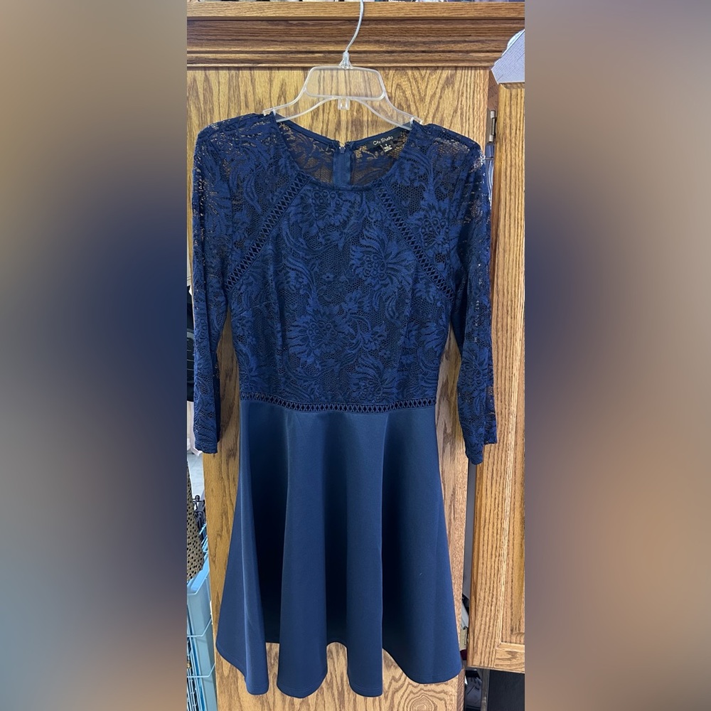 City Studio Blue Fit and Flare Long Sleeve Dress